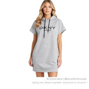 DKNY Sport Grey Logo Hoodie Dress Pockets Athleisure M/L
